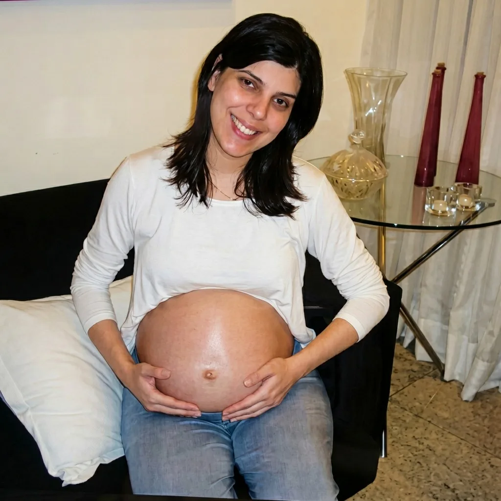 Dra. Marina Mariz grávida, sentada em casa